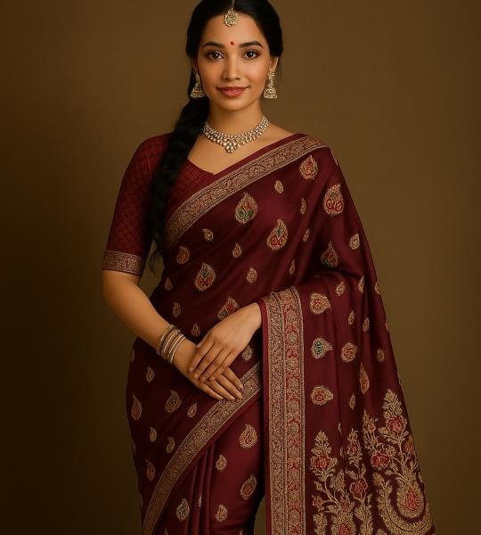 Royal Plum Floral Zari Saree