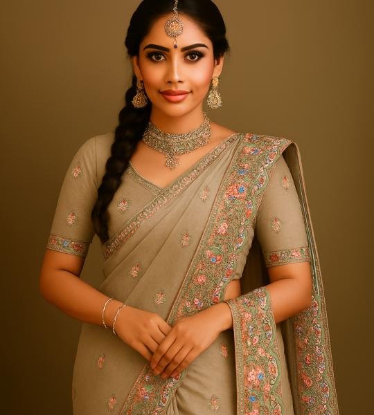 Silver Taupe Aari Flower Saree